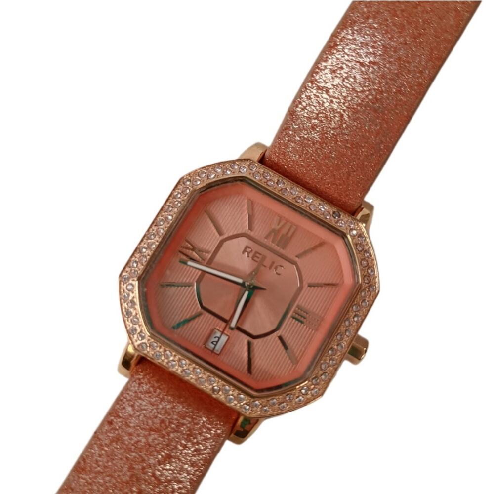 RELIC Rose Gold Tone Watch, Crystal Accents, Leather Band, Date ZR34181